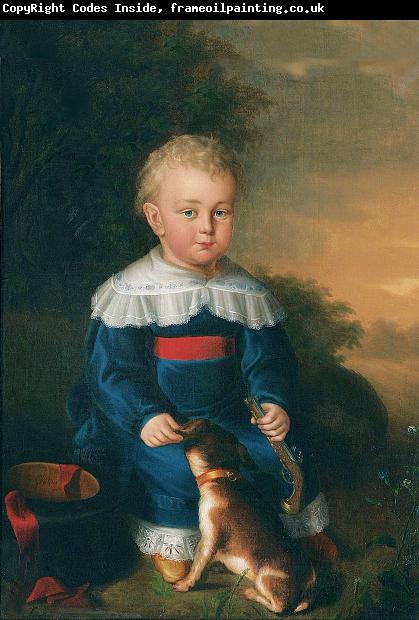 David Luders Portrait of a young boy with toy gun and dog